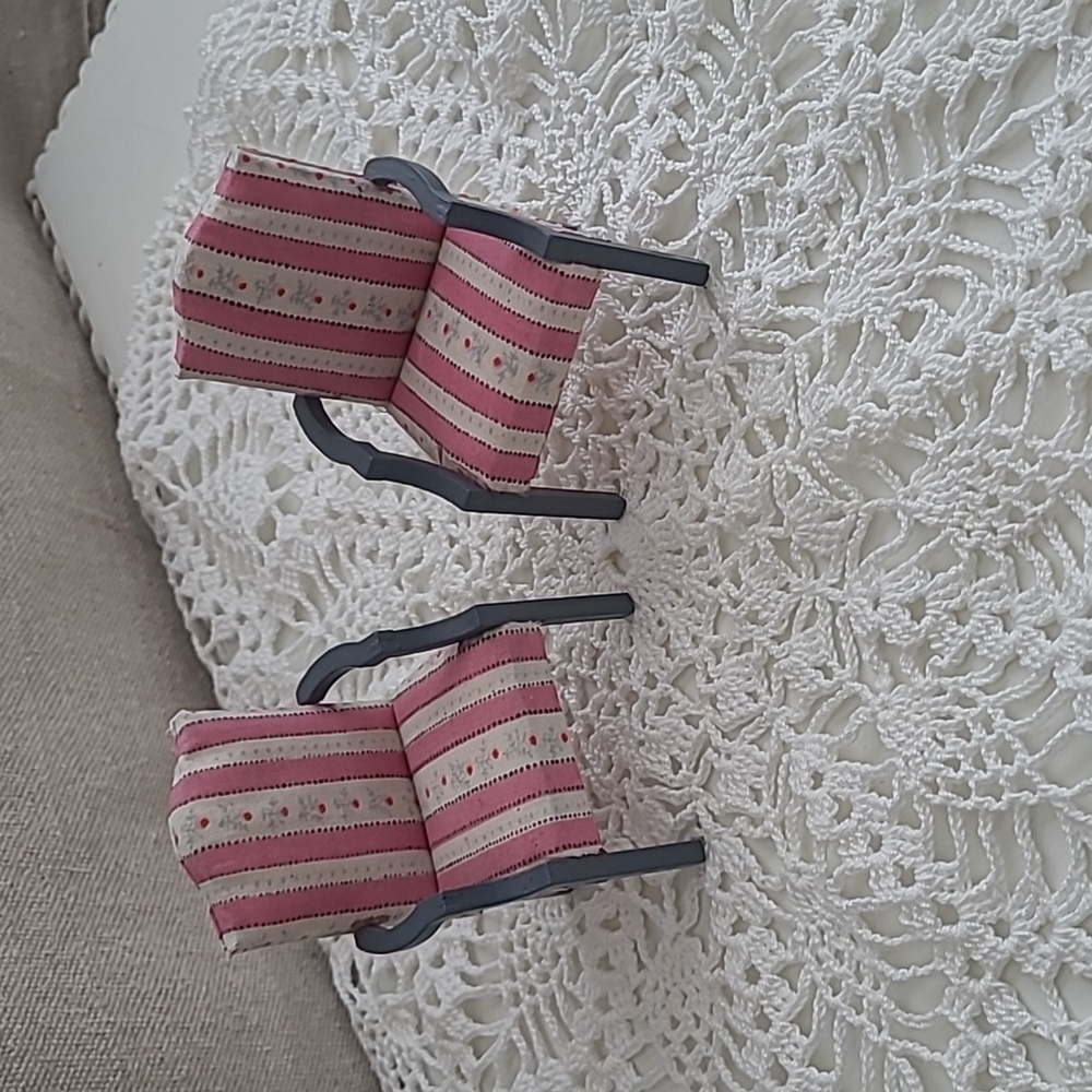 Vintage Pair Of Dollhouse Chairs, Made In Taiwan R.O.C. Pink Striped Fabric